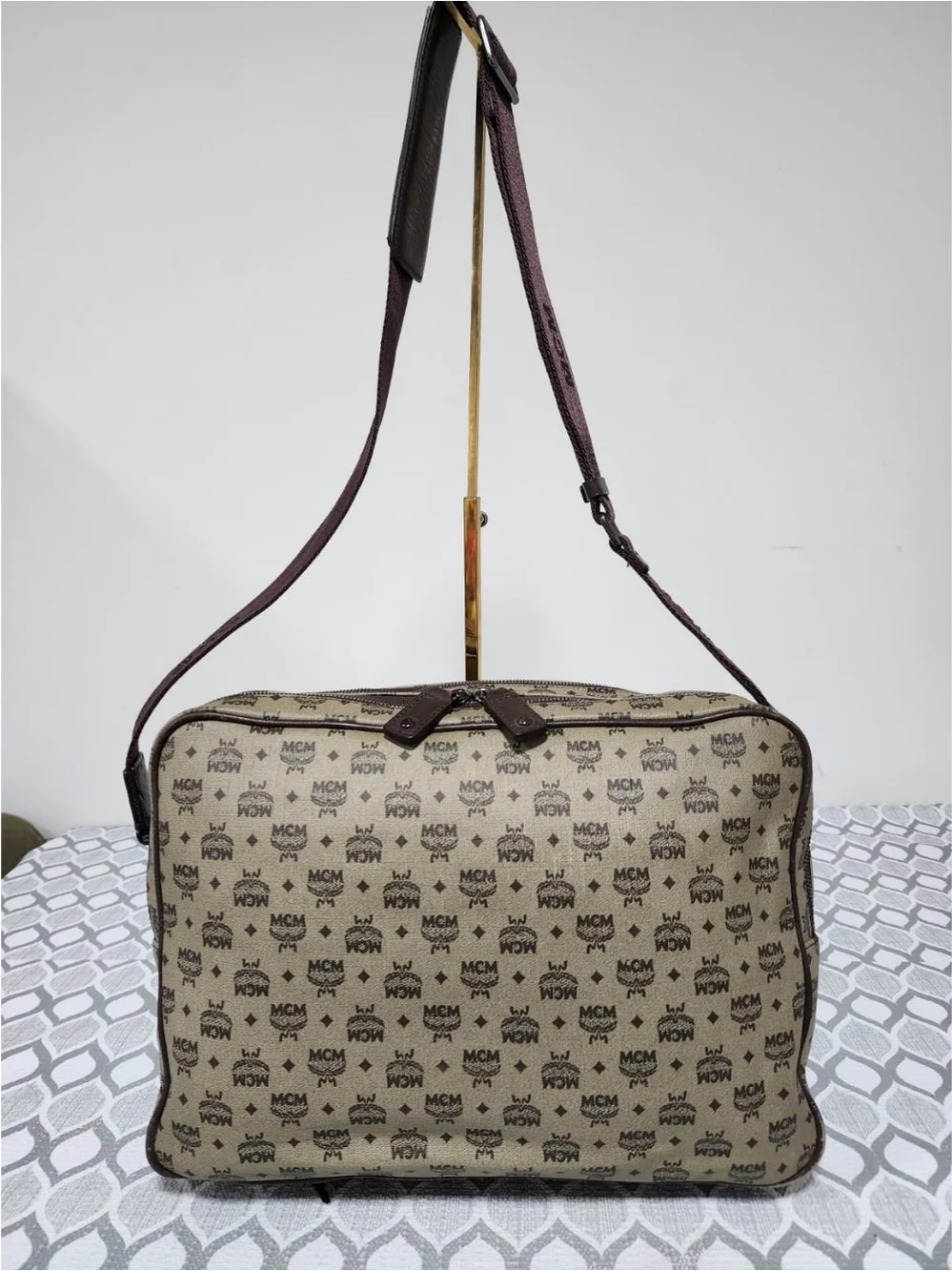 MCM Visetos Monogram PVC Canvas Leather Messenger/Crossbody Bag Beige/Brown